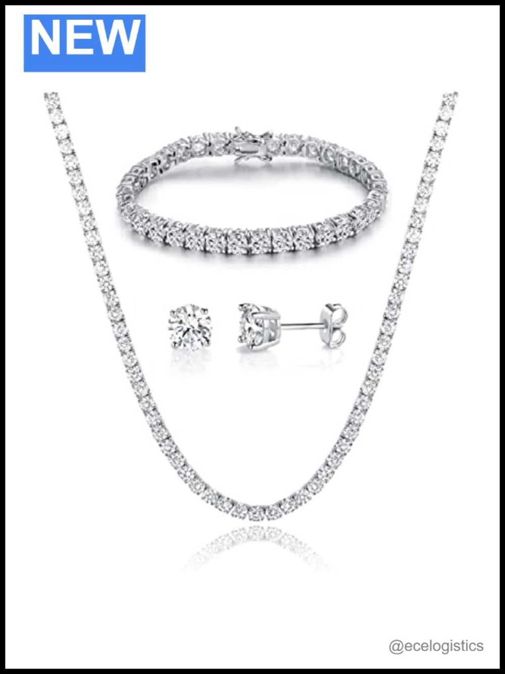 18K White Gold Plated Tennis Necklace Bracelet Earrings Set Cubic Zirconia